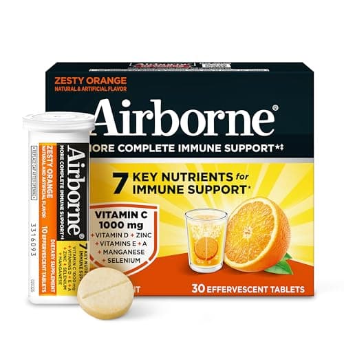 Airborne Immune Support Effervescent Tablets, Zesty Orange Flavor - 30ct with 1000mg Vitamin C + Vitamins A, D, E, Zinc, Selenium, Manganese & Herbal Blend - Sugar‑Free, Gluten‑Free