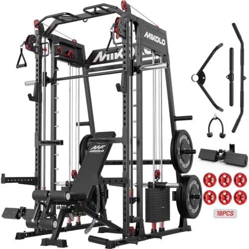 Mikolo M4 2.0 Elite Smith Machine with Weight Stack, All-in-One Home Gym Power Cage with LAT Pulldown & Cable Crossover, Squat Rack for Full Body Workouts (Black with 230LB Black Weights Package)