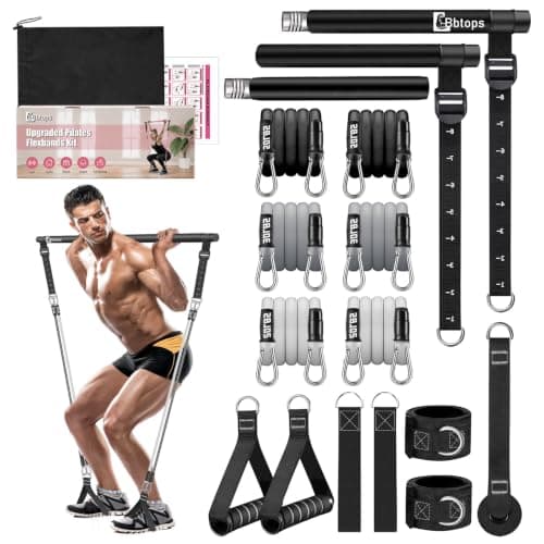 Bbtops Pilates Bar Kit with 6 Resistance Bands for Women & Men Black