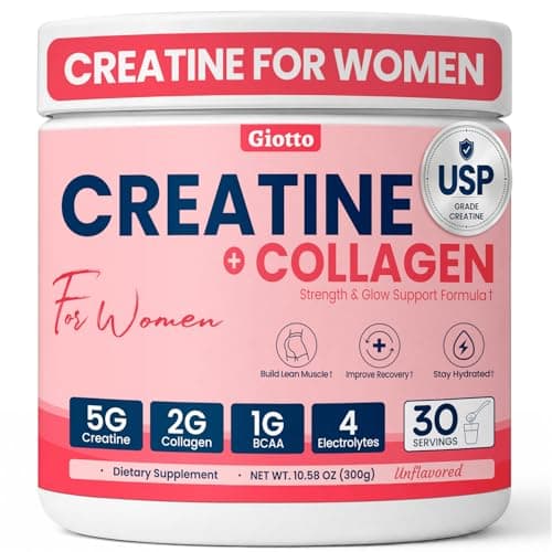 Giotto Creatine for Women, USP Grade Micronized Creatine Monohydrate Powder with Collagen BCAAs and Electrolytes, Support Glute Gains, Lean Muscle, Energy Recovery & Hydration, Unflavored, 30 Servings