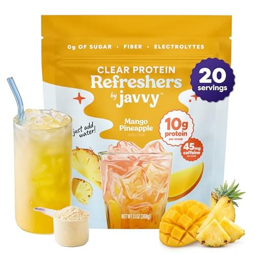 Javvy Clear Protein Refresher Drink Mix – 10g of Whey Protein and Collagen Peptides, Electrolytes Powder, Natural Flavors, 0g of Sugar, 45mg Caffeine, 20 Servings, Pineapple Mango