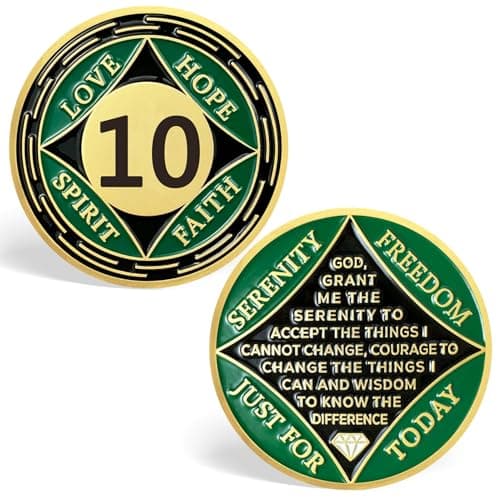10 Year NA Medallions, Green 10 Years NA Coin Sobriety Chips - Love, Hope, Spirit, Faith Addiction Recovery Coins Sober Tokens for Narcotics Anonymous Recovery Sober Gifts