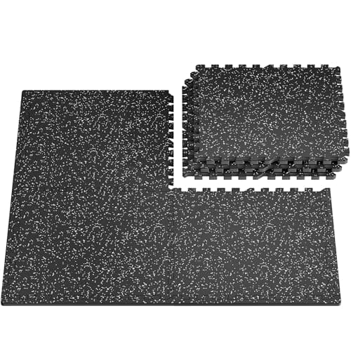 PRAISUN 0.56" Rubber Top Gym Flooring, Heavy Duty Interlocking Gym Mats for Home Gym, Non-Slip Workout Mat, 24 x 24in Large Gym Floor Mat, Protect Floors from Weights & Equipment, 24 Sq Ft, Black/Grey