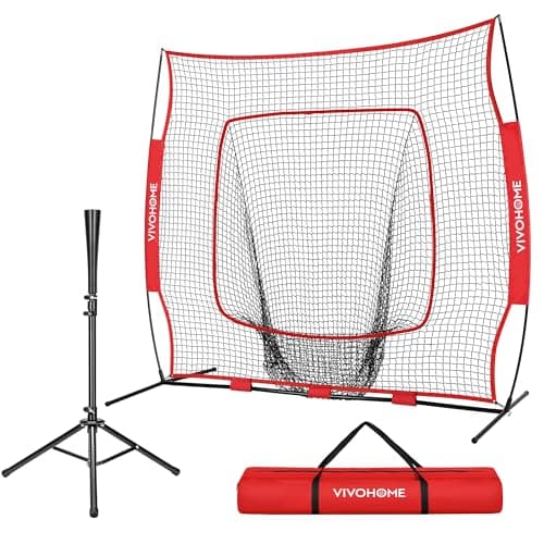 VIVOHOME Baseball Softball Batting Net - 7x7 Ft Baseball Backstop, Softball Practice Net for Hitting, Pitching, Throwing with Batting Tee and Carry Bag, Red
