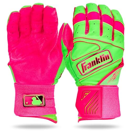 Franklin Sports MLB Batting Gloves - Infinite Powerstrap Baseball Batting Gloves - Durable Full Wrap Cage Practice Gear - Long Cuff Wrist + Heavy Duty Leather - Pink/Green Apple - Adult X-Large