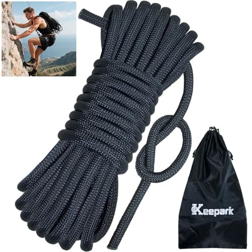 Keepark 10.5mm Static Climbing Rope - 32FT Rock Climbing Rope for Adults & Kids, Outdoor Heavy Duty Rappelling Ropes for Fire Rescue, Escape, Ice Climbing, Parachute, Caving - Black
