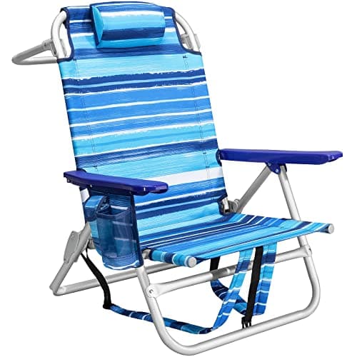 Backpack Beach Chairs for Adults, 300lbs Heavy Duty Folding Camping Chair with Large Pockets and Cup Holder, Adjustable High Beach Lounge Chairs with Towel Rack for Outdoor Travel, Blue (1 Pack)