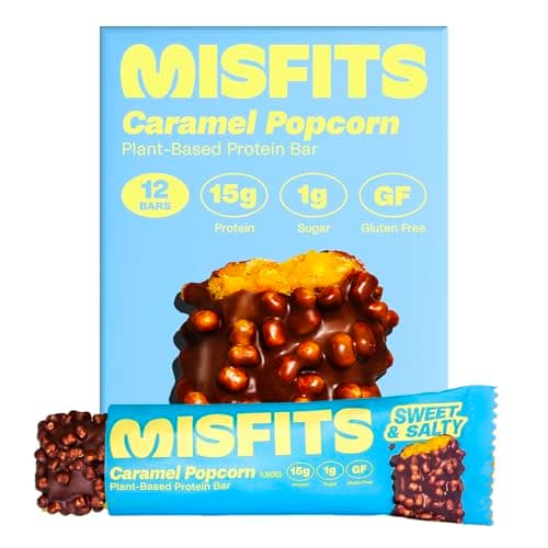 Misfits Vegan Protein Bars - Sweet & Salty Caramel Popcorn | Nutrition Bars - 15g Protein, 1g Sugar, Plant-based, Low Carb, Non-GMO, Gluten Free Snacks | Pack of 12
