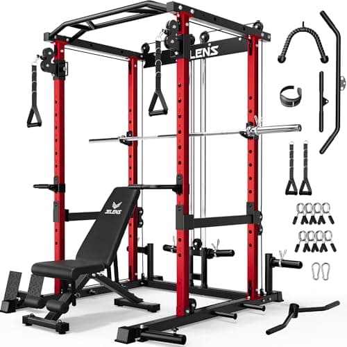 JELENS C12 Squat Rack for Home Gym, 2000LBS Power Rack with Adjustable Pulley System, Power Cage Workout Equipment with LAT Pulldown and Training Attachment (Red, Home Gym Package)