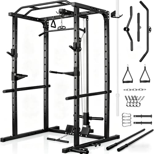 JEEKEE Power Rack with LAT Pulldown, 2000LBS Power Cage with Cable System, Multi-Function Squat Rack with J-Hooks, Safety Bars, Landmine, Pull Up Bar & Attachments for Home Gym Strength Training,Black
