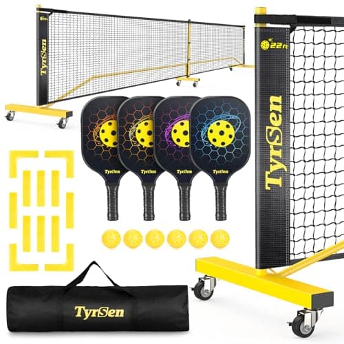 TYRSEN Pickleball Net Set - Pickleball Net on Wheels for Driveway Backyard, 22FT Regular Size, 4 Fiberglass Paddles & 6 Balls, 12 Court Markers, Portable Pickle Ball System with Carry Bag