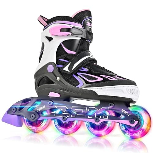 2PM SPORTS Vinal Inline Skates for Girls Boys Kids Ages 5-8 8-12 with Adjustable Illuminating Wheels, Inline Roller Skates for Youth Women Men - Purple Pink Medium
