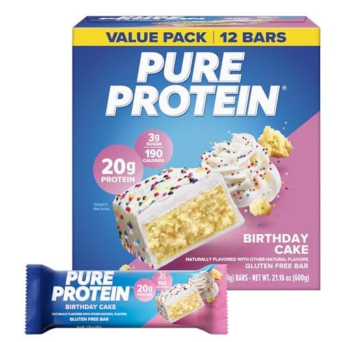 Pure Protein Birthday Cake Protein Bars – 20g Protein, 3g Sugar, 190 Calories (12 count) Low Sugar* High Protein Snack - Gluten Free - Perfect for a Healthy Snack
