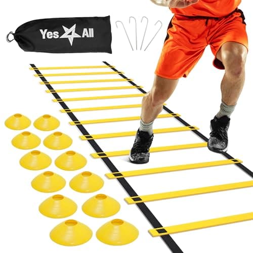 Yes4All Agility Ladder – Adjustable Speed & Agility Training Equipment for All Ages, Durable Speed Ladder, Multiple Combo Sets Available, Orange, 12 Agility Cones, 4 Steel Stakes