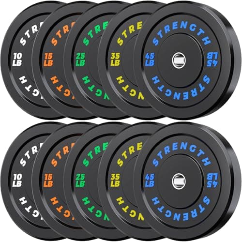 Rendpas 2-Inch Olympic Bumper Plates, 100% Virgin Rubber Low Bounce Barbell Weight for Home Gym Strength Training, 10lb-45lb Black with Color-Coded