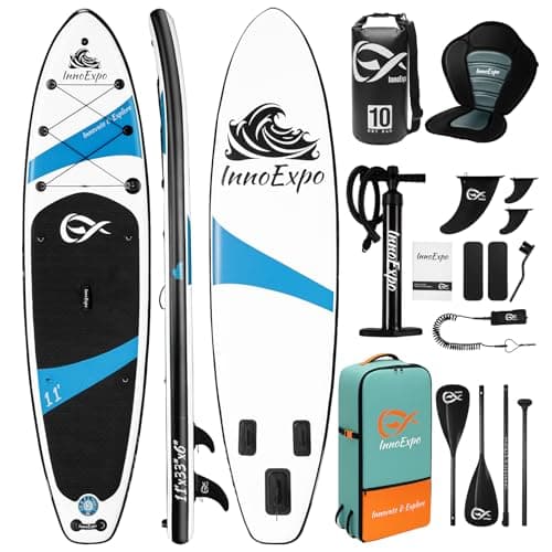 InnoExpo Inflatable Stand Up Paddle Boards with Premium Accessories, Wide Stable SUP Paddle Board Design, Non-Slip Comfort Deck for Youth & Adults (Black/Kayak Seat, 11'x33''x6'')