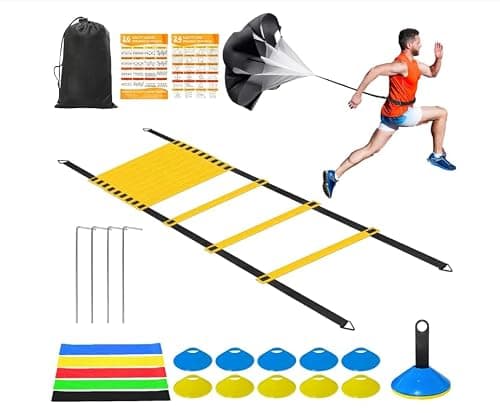 Panykoo Speed Agility Training Equipment Set - 20ft Agility Ladder, 10 Disc Cones, Resistance Parachute, 5 Resistance Bands & Carry Bag | Football Soccer Basketball Fitness Drills (Warm Yellow)
