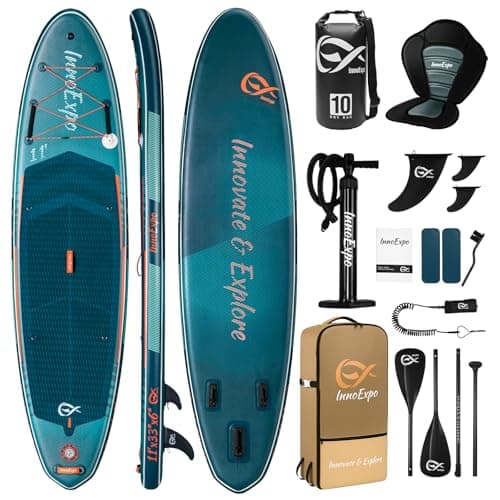 InnoExpo 11' Inflatable Stand Up Paddle Boards with Premium Accessories, Wide Stable SUP Paddle Board Design, Non-Slip Comfort Deck for Youth & Adults (Futuristic/Kayak Seat)