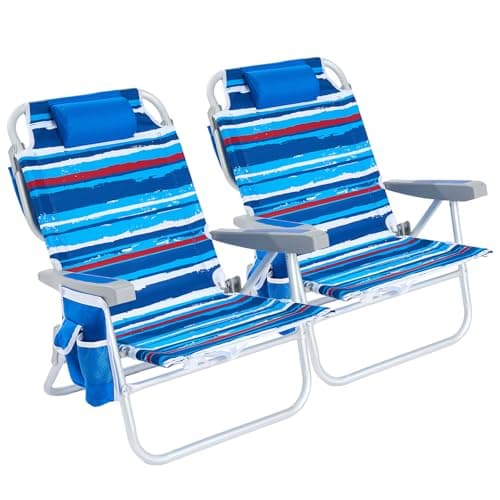 SUNNYFEEL Low Beach Chair 2 Pack, 5-Position Lay Flat Reclining, Backpack Portable Folding Chairs with Cooler Bag & Cup Holder, Heavy Duty 350 LBS, Compact for Beach, Camping, Travel