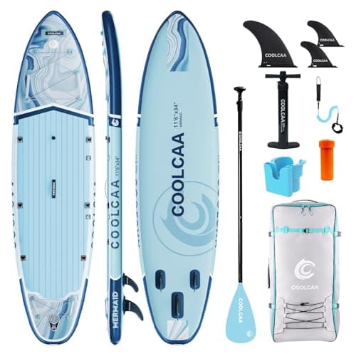 COOLCAA Mermaid 11'6" Inflatable Stand-Up Paddle Board, 490Lbs Capacity SUP Board with 34'' Extra Wide, Fishing Paddleboard with Accessories & Bag for Adults Youth (Ocean Stream)
