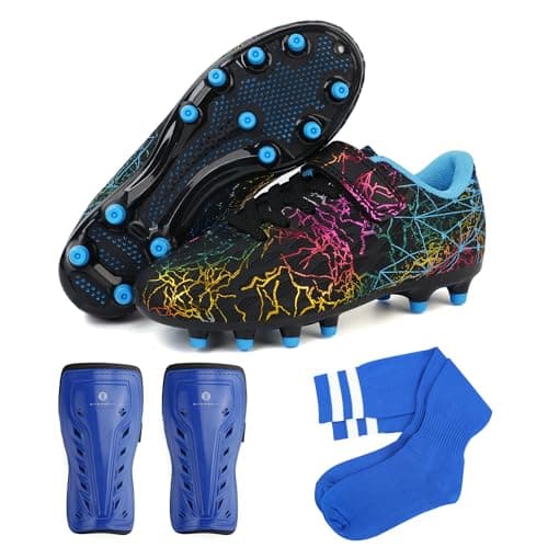 brooman Kids Firm Ground Soccer Cleats Girls Football Cleats with Shin Guards and Soccer Socks (10,Black Blue)