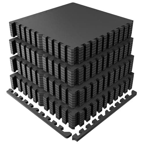 PRAISUN 0.6" Thicker Rubber Top Gym Flooring for Home Gym, 24 Pcs 96 Sq Ft Workout Mats, Exercise Mat, Interlocking Rubber Floor Mats with High Density EVA Foam for Garage, 24 x 24in, Black
