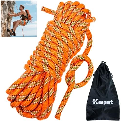 Keepark 10.5mm Static Climbing Rope - 32FT Rock Climbing Rope for Adults & Kids, Outdoor Heavy Duty Rappelling Ropes for Fire Rescue, Escape, Ice Climbing, Parachute, Caving - Orange