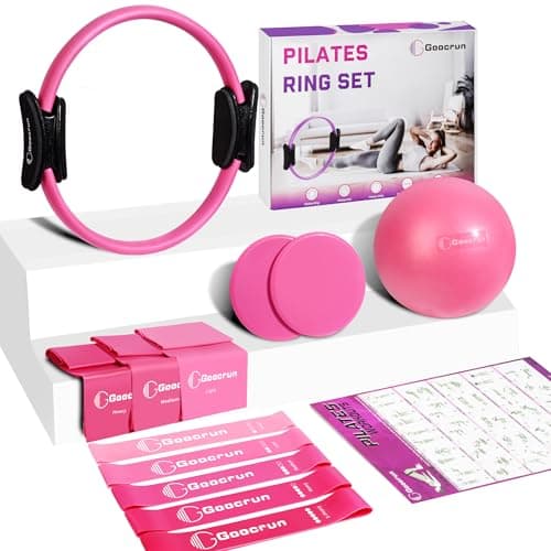 Goocrun Pilates Ring Set Exercise Equipment, with Exercise Resistance Bands Set, Pilates Ball, Sliding Disks. Portable Home Gym - with Fitness Guide Poster (Pink)