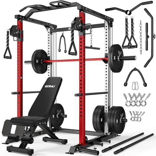 GOIMU DP01 Power Cage, 2000LBS Squat Rack with Cable Crossover and Dual Independent Pulley System, Full Cage for Full Body Training, Power Rack with More Training Attachments for Home Gym(Red, 220Lbs)