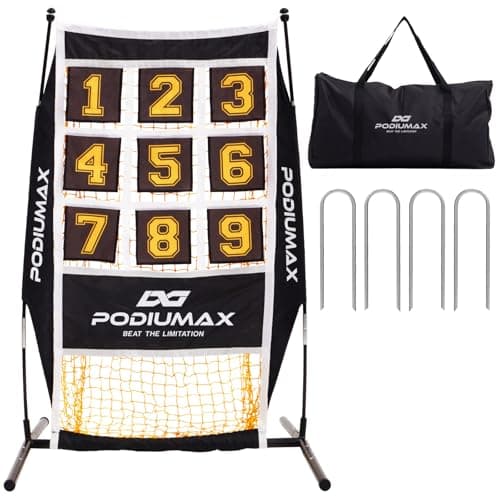 PodiuMax Baseball & Softball Pitching Net, 9 Hole Target Net with Strike Zone, Large Ball Collection System, Solo Practice for Backyard Park Field, Portable Baseball Throwing Trainer with Carry Bag