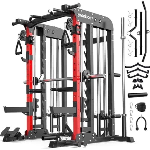 pooboo Multi-Functional Machine Power Cage, 2000LB Squat Rack, LAT-Pull Down System, Dual Pulley Cable Crossover System, Home Gym Workout Machine with Strength Training Attachments