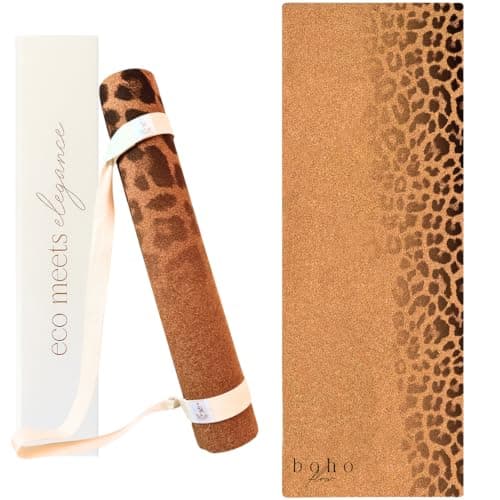 Boho Flow Aesthetic Cork Yoga Mat – Stylish Leopard Design on Quality Portuguese Cork 72” x 26” with 5mm Solid Tree Rubber Base for Comfort & Stability – Non Slip Grip, Odor Free and Non Toxic – Includes Carry Strap