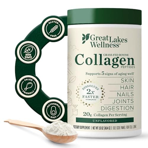 Great Lakes Wellness Collagen Peptides Powder – Supports Skin, Hair, Nails, Joints & Digestion – Hydrolyzed, Non-GMO, Keto & Kosher – Pure Collagen Protein (16 oz, 22 Servings) Packaging may vary