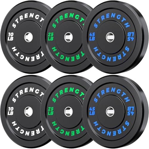 Rendpas 2-Inch Olympic Bumper Plates, 100% Virgin Rubber Low Bounce Barbell Weight for Home Gym Strength Training, 10lb-45lb Black with Color-Coded