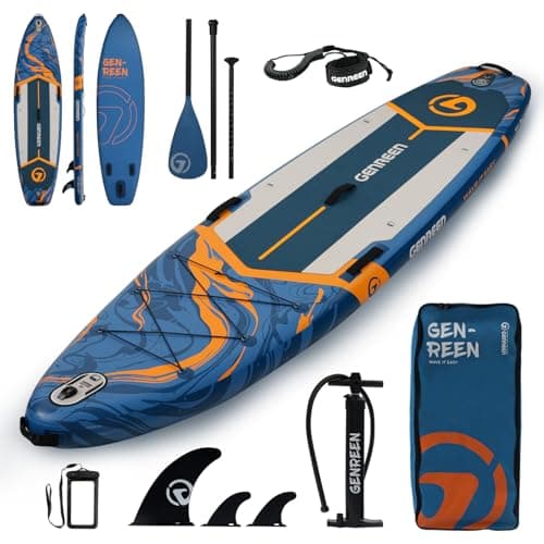 GENREEN Stand Up Paddle Board SUP Inflatable Paddleboard Newly Improved Quality Inspection5 Ultra Stable 5 Grips 450LBS 3 Fins EVA 0.5cm Wide 11'34"6" for JP Customers (Ocean Blue)