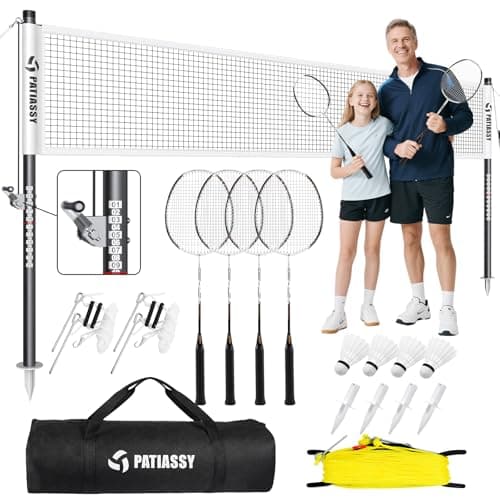Patiassy Professional Badminton Set with Carbon Aluminum Badminton Rackets Set of 4, Outdoor Portable Badminton Net with Winch System, 4 Nylon Badminton Shuttlecocks and Bag