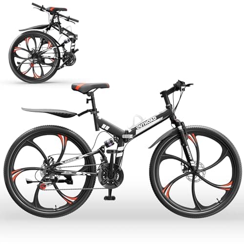 Outroad 26 Inch Folding Mountain Bike, 21 Speed Dual Disc Brake Non-Slip Folding Bikes, Full Suspension High-Carbon Steel MTB Foldable Bicycle for Adults/Men/Women, Black