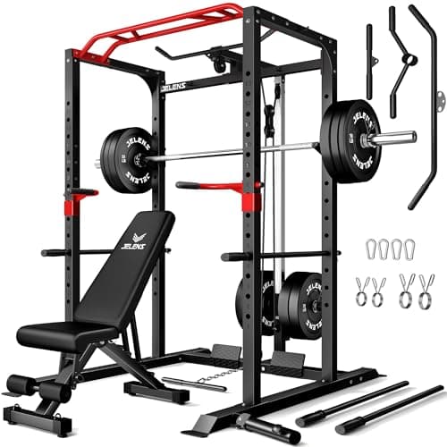 JELENS Power Cage, 2000LBS Multi-Function S11 Power Rack with LAT Pulldown, Squat Rack with Adjustable Pulley System, Weight Workout Machine for Home Gym (260LB Black Weights Package)