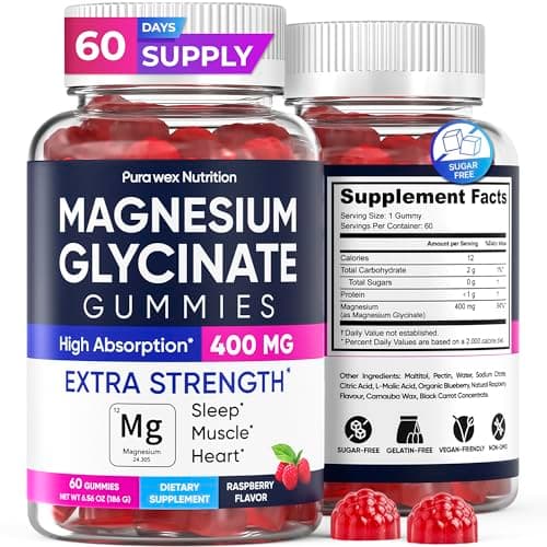 Magnesium Glycinate Gummies 400mg, High Absorption Magnesium Supplement for Women, Men and Kids, Muscle Support and Relaxation, Sugar Free, Vegan, 60 Days Supply