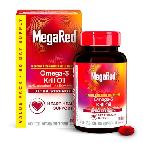 MegaRed Antarctic Krill Oil 1000mg, Omega 3 Fatty Acid Supplement, Ultra Concentrate EPA & DHA Softgels, Antioxidant Astaxanthin, Heart Health Supplement with No Fish Oil Aftertaste, 60ct
