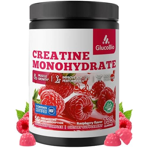 GlucoBio Creatine Monohydrate Gummies (5g) – Pre-Workout Energy & Muscle Growth Support for Men & Women | Raspberry Electrolyte Gummies (135 Count)