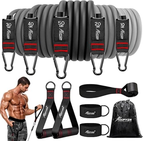 HPYGN Resistance Band with Handles & Door Anchor and Ankle Straps, for Exercise, Fitness, Heavy Resistance Training, Physical Therapy, Shape Body, Yoga, Home Workouts Set, 150 Lbs, Grey