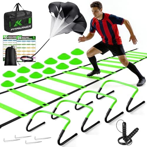 Agility & Speed Training Equipment Set for Football, Soccer, Basketball and More-20ft Agility Ladder,12 Training Cones,4 Hurdles,Jump Rope,Resistance Parachute,Practice Kit for Kids to Adults (Green)