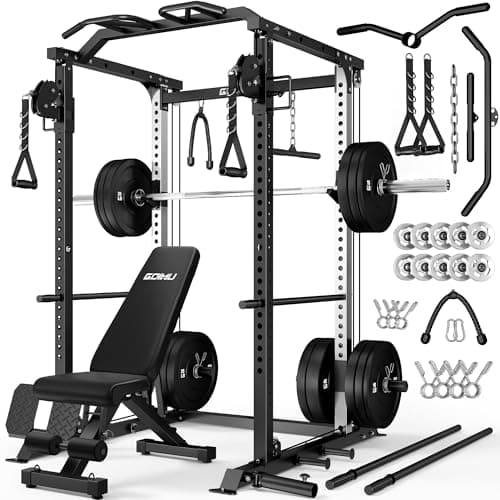 GOIMU DP01 Power Cage, 2000LBS Squat Rack with Cable Crossover and Dual Independent Pulley System, Full Cage for Full Body Training, Power Rack with More Training Attachments for Home Gym(Bk-A,340Lbs)