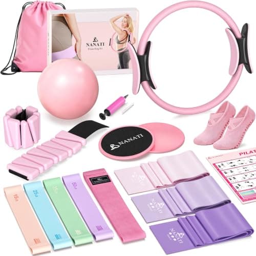 NANATI Pilates Kit with Ankle Weights, Pilates Essentials Kit for Women, Pilates Equipment with 14.5" Pilates Ring and Ball, Resistance Bands, Core Sliders & Grip Socks for Home Workouts (Pink)