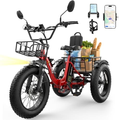 Skeri Electric Tricycle for Adults, 750W(Peak 1350W) Motor Etrike, 20"x4" Folding Fat Tire Electric Trike, 48V13Ah Battery, 3-Wheel Electric Bike, Front & Rear Basket & Differential, Horizon Red