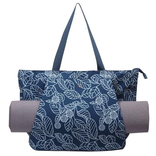 ESVAN Yoga Tote Bag for Women Drawstring Canvas Shoulder Bags for Workout Travel Carryall Pilates Gym and Beach (Navy Leaf)