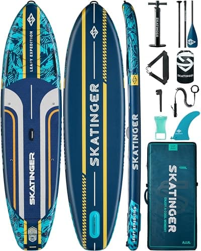 Skatinger 11'6×35" Super Wide Inflatable Paddle Board, Ultra Stable Stand Up Paddleboards for 450lb/3 People/Family/Big Size, Shoulder Strap, 5 Handles, Backpack, All-Round Sup Board, US Fin, Blue