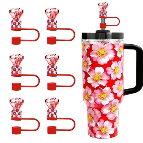 JIASHEBDE Diamond Straw Topper Set for Stanley Cup 30oz 40oz, Sparkling Rhinestone Caps, Reusable Silicone Dust-Proof Straw Covers for Women Gifts (6Pcs Red)