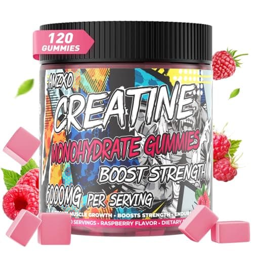 AMZXO Creatine Monohydrate Gummies 6g, 120 Count Muscle Builder for Men & Women, Pre-Workout Supplement, Energy Boost Chewable, Vegetarian, Raspberry Flavor